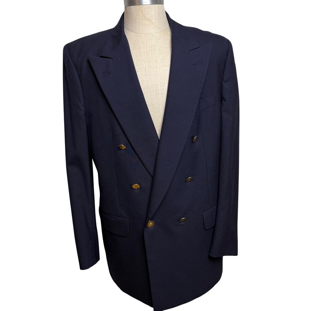 Burberrys Vintage Mens Navy Blue Double Breasted Pure‎ Wool Blazer Gold Buttons